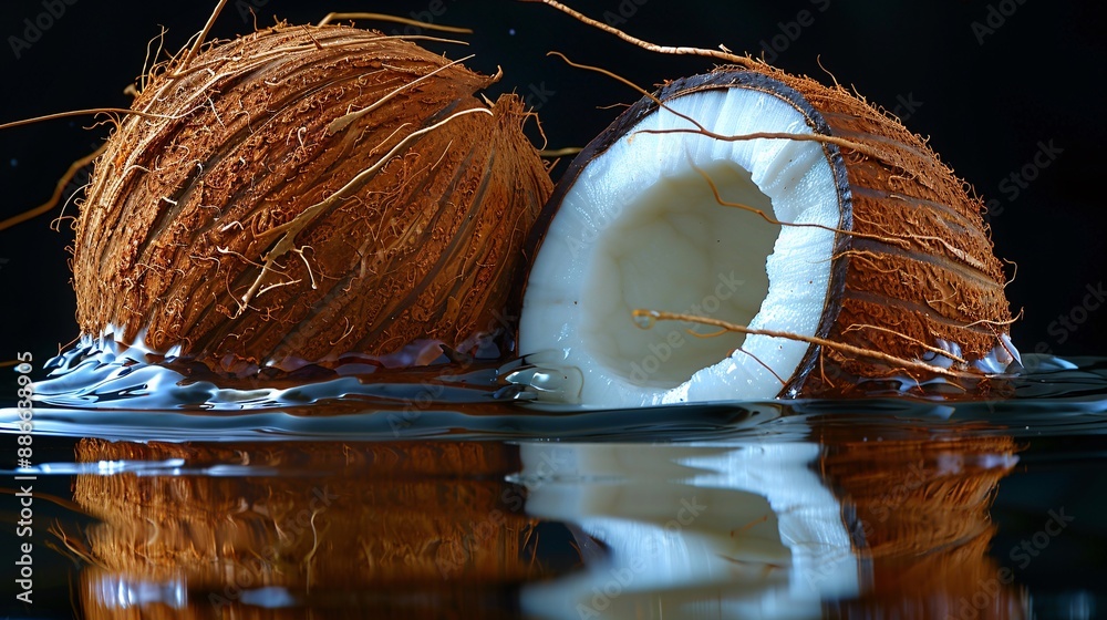 Poster Sliced coconuts gently dropped into water creating gentle ripples and reflections on a black background capturing their natural beauty and versatility Stock Photo with copy space