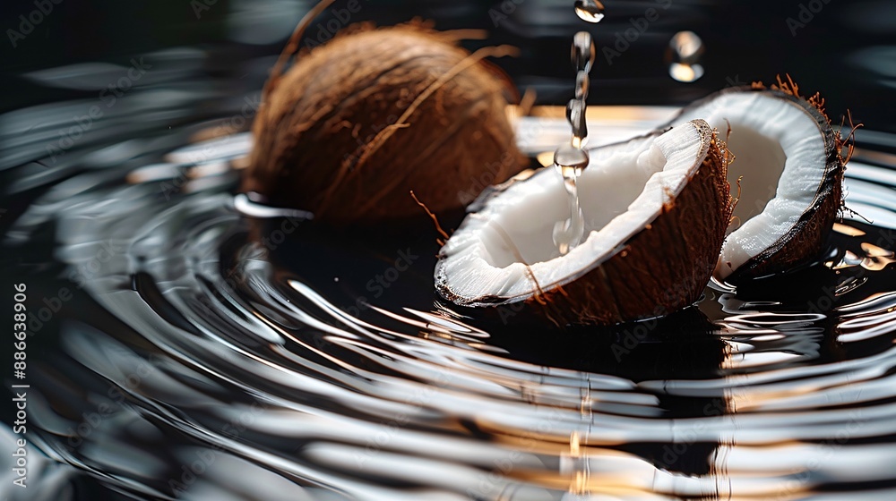 Poster Sliced coconuts gently dropped into water creating gentle ripples and reflections on a black background capturing their natural beauty and versatility Stock Photo with copy space
