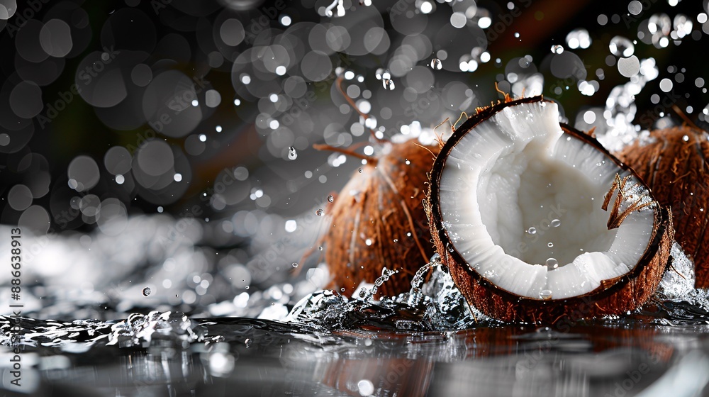 Poster Sliced coconuts gently dropped into water creating gentle ripples and reflections on a black background capturing their natural beauty and versatility Stock Photo with copy space