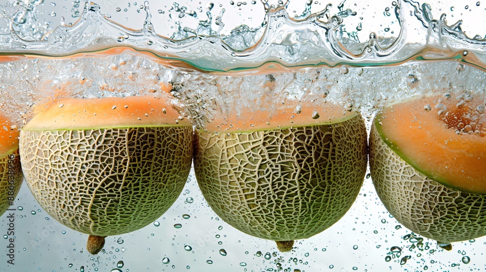 Poster whole cantaloupes dropped into crystal clear water creating a refreshing splash against a white back
