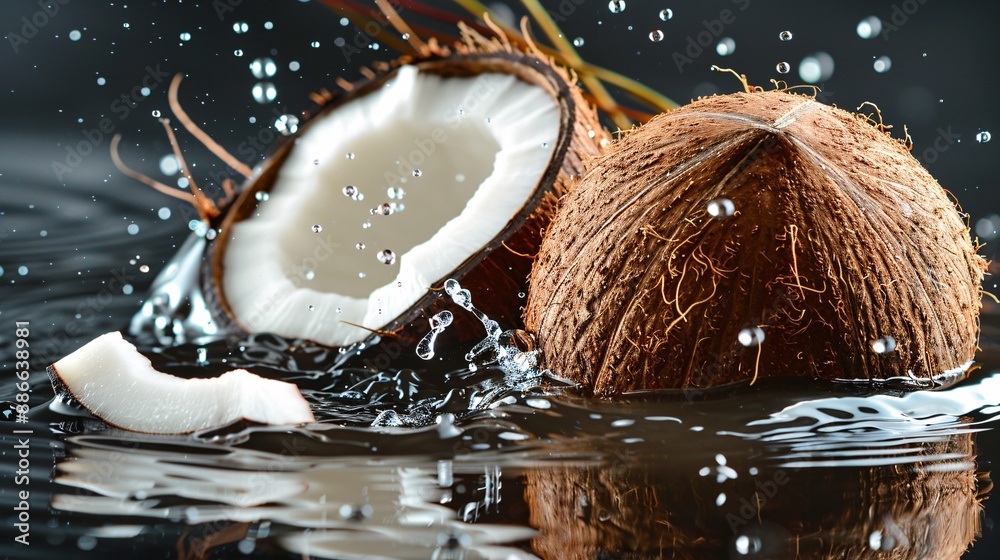 Aufkleber Sliced coconuts gently dropped into water creating gentle ripples and reflections on a black background capturing their natural beauty and versatility Stock Photo with copy space