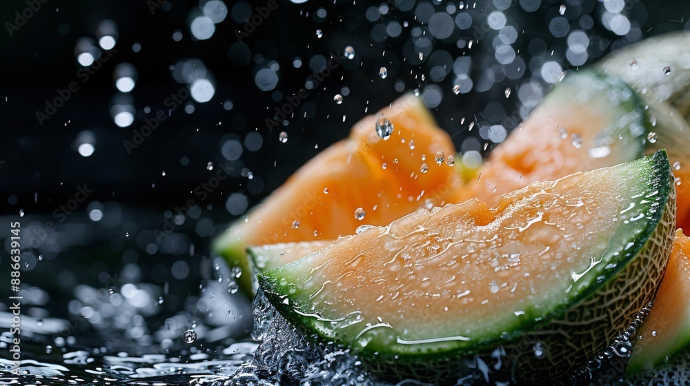 Poster slices of ripe cantaloupe falling into water with droplets suspended in mid air on a black backgroun