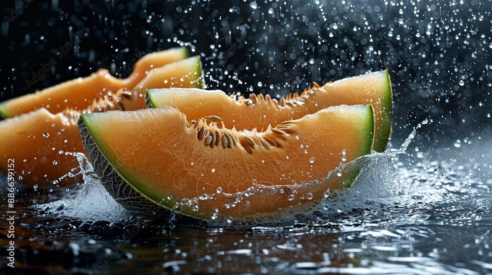 Poster slices of ripe cantaloupe falling into water with droplets suspended in mid air on a black backgroun