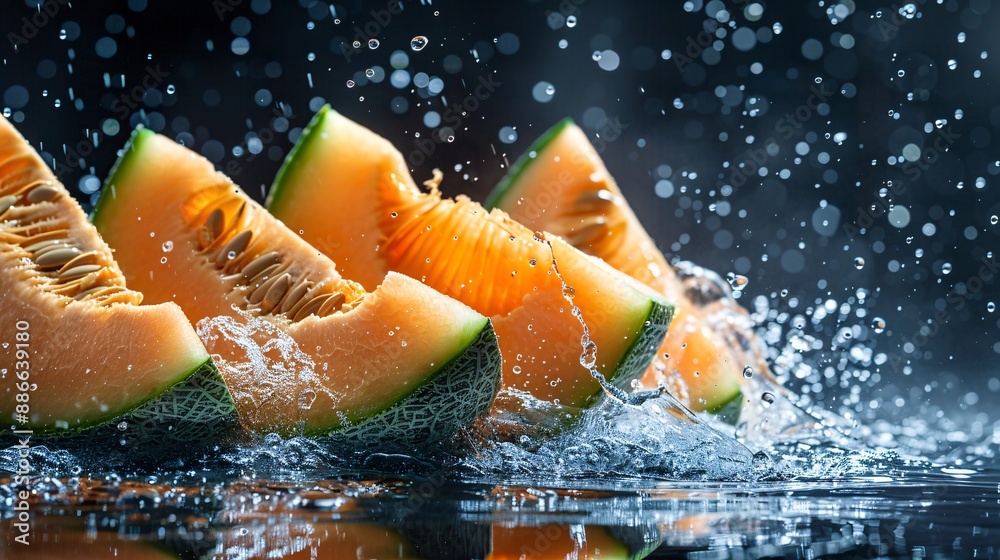 Aufkleber slices of ripe cantaloupe falling into water with droplets suspended in mid air on a black backgroun