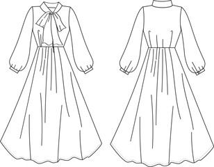 This long dress technical drawing features detailed representations of the silhouette, seams, and design elements. Ideal for fashion designers and garment makers, it ensures accurate interpretations f