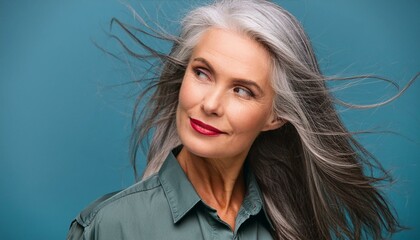 Fototapeta premium Beautiful woman with blue silk shirt and tousled silver hair in a portrait isolated on deep blue background with copy space.