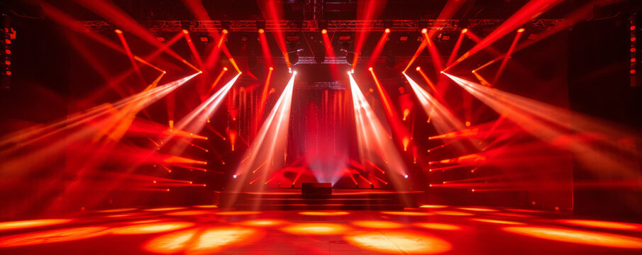 A high-energy dance stage with red and yellow spotlights creating a fiery ambiance. The backdrop features bold light patterns that enhance the dynamic mood.