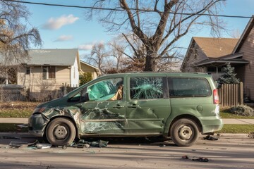 Green Minivan with Damage from Side Impact Collision in Suburban Neighborhood
