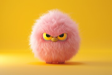 Fototapeta premium Angry pink fluffy creature on yellow background angry concept