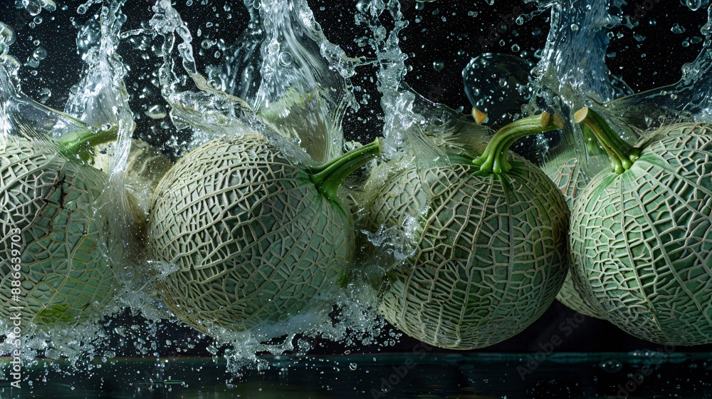 Poster ripe cantaloupes falling into water capturing the moment of impact with a splash on a black backgrou