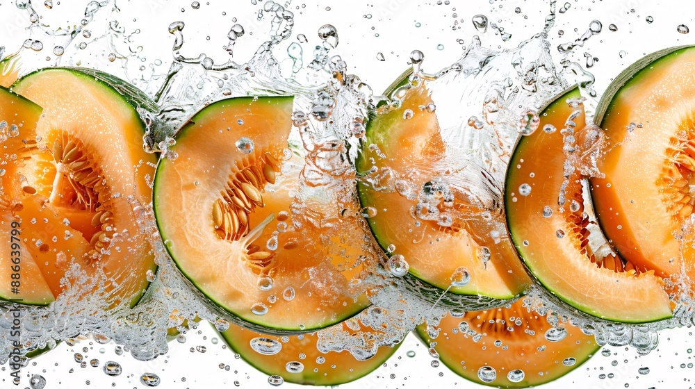 Poster sliced cantaloupes dropping into water creating a lively splash against a white background showcasin