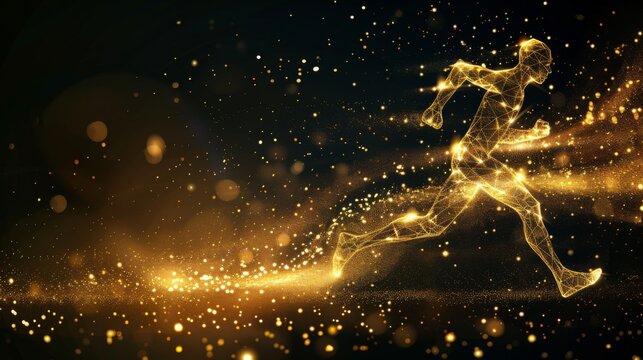 A wireframe representation of a running man composed of particles, set against a golden background, symbolizing the concept of sport and athleticism
