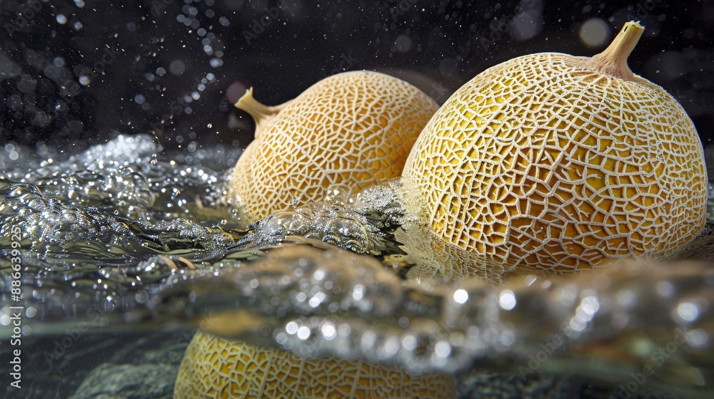 Poster Cantaloupes submerged in clear water with gentle ripples spreading around them on a black background evoking a serene and refreshing atmosphere Stock Photo with copy space