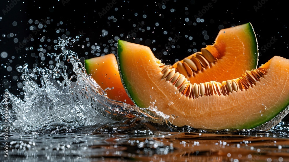 Poster Cantaloupes submerged in clear water with gentle ripples spreading around them on a black background evoking a serene and refreshing atmosphere Stock Photo with copy space
