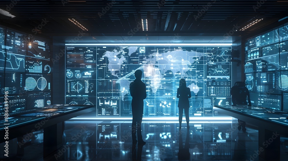 Poster futuristic office with holographic interfaces and digital screens enabling remote and advanced netwo
