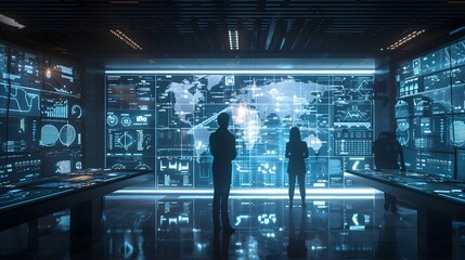 Futuristic Office with Holographic Interfaces and Digital Screens Enabling Remote and Advanced Networking