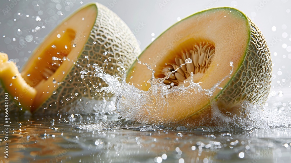 Poster whole cantaloupes plunging into water with droplets cascading around them against a white background
