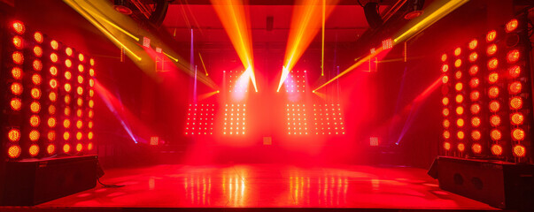 A high-energy dance stage with red and yellow spotlights creating a fiery ambiance. The backdrop features bold light patterns that enhance the dynamic mood.