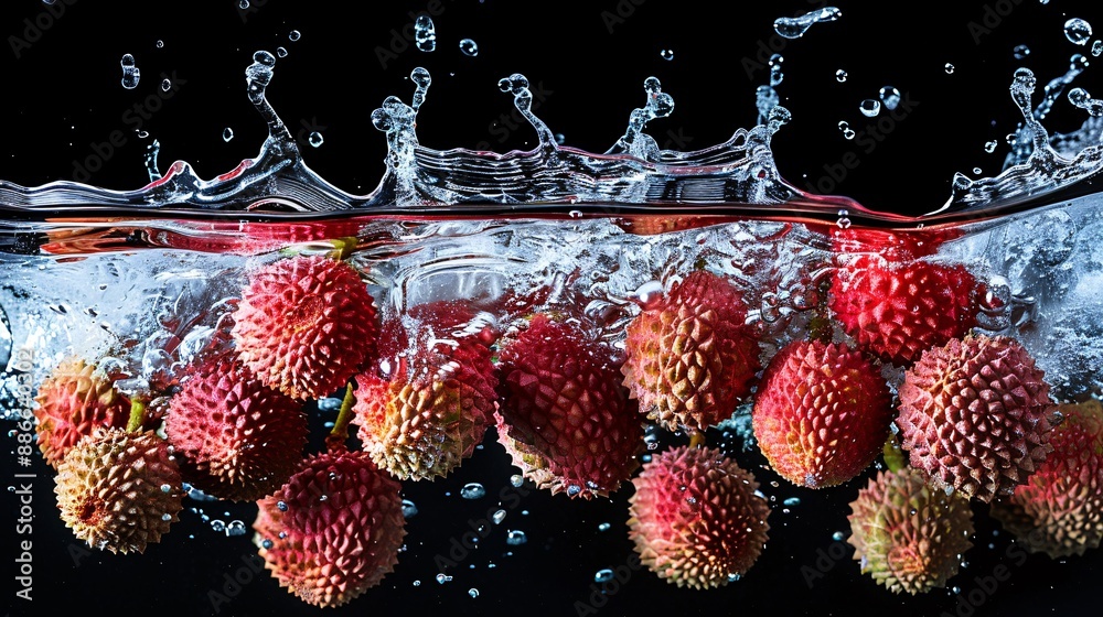 Aufkleber whole lychees dropping into water creating vibrant splashes and ripples against a white background s