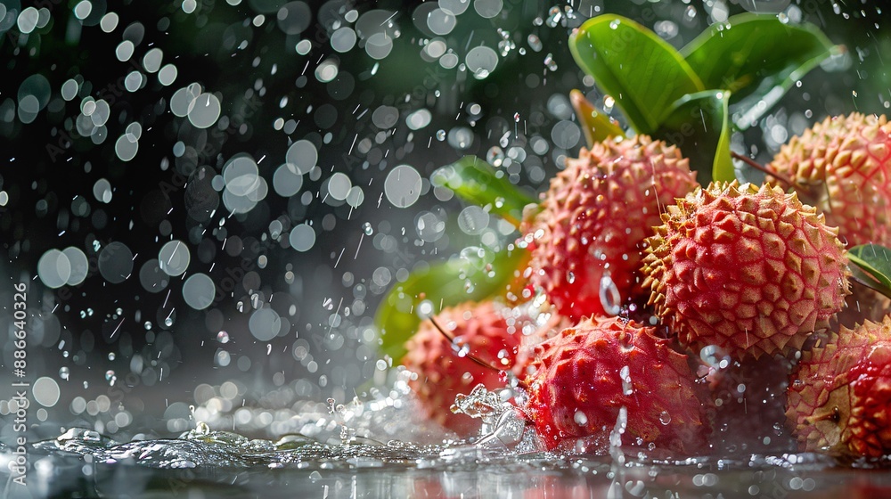 Poster close up of ripe lychees falling into water with droplets suspended in mid air on a black background