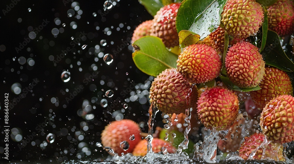 Poster close up of ripe lychees falling into water with droplets suspended in mid air on a black background