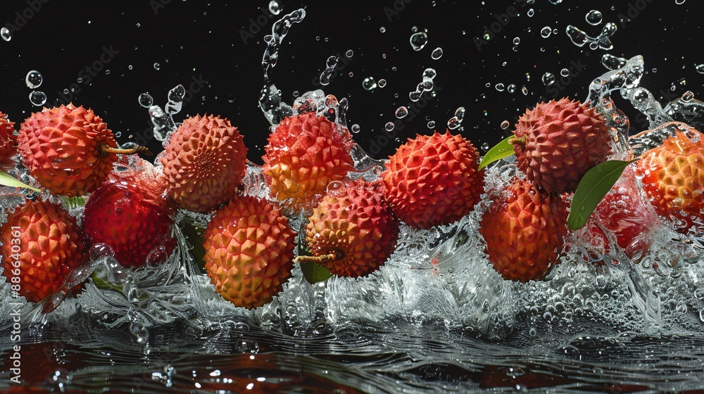 Poster close up of ripe lychees falling into water with droplets suspended in mid air on a black background