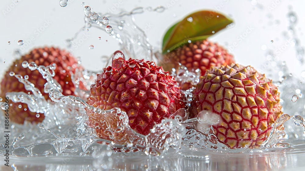 Aufkleber Lychee halves submerged in water creating dynamic splashes and waves against a white background highlighting their juicy texture Stock Photo with copy space