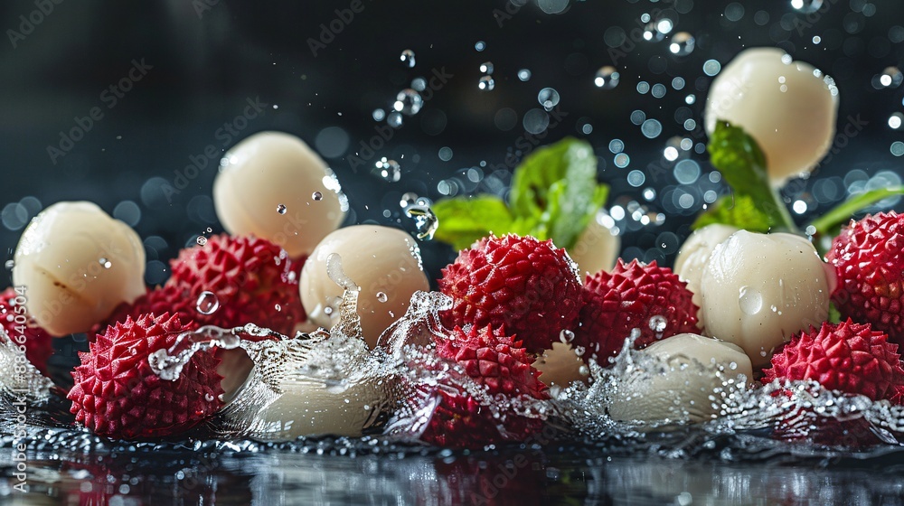 Poster Slices of fresh lychee dropping into a pool of water with splashes and reflections on a black background Stock Photo with copy space