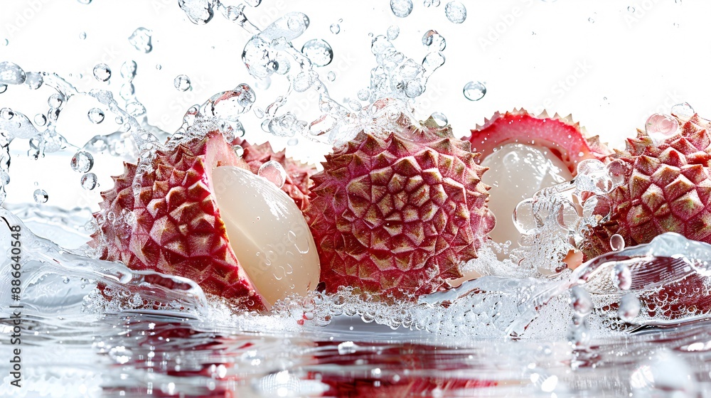 Aufkleber a whole lychee being cracked open underwater with refreshing splashes and bubbles against a white ba