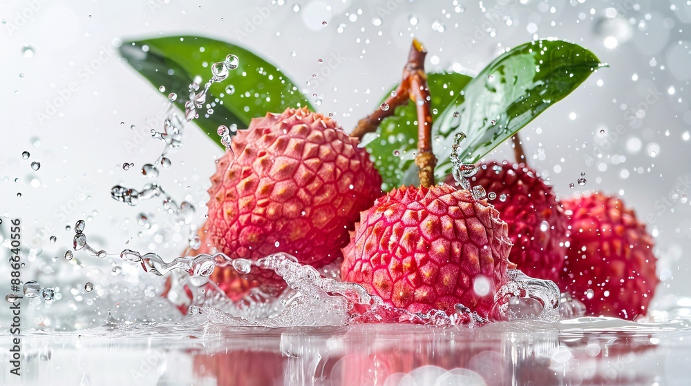 Poster A whole lychee being cracked open underwater with refreshing splashes and bubbles against a white background emphasizing its sweet and tangy flavor Stock Photo with copy space