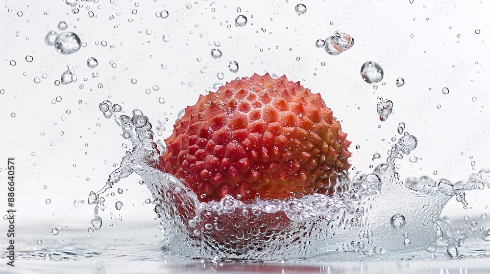 Poster A whole lychee being cracked open underwater with refreshing splashes and bubbles against a white background emphasizing its sweet and tangy flavor Stock Photo with copy space
