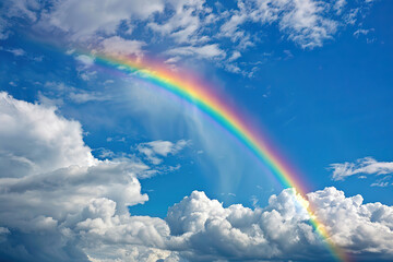 Generative ai on theme of beautiful tranquil landscape with magical bright rainbow at cloudy sky