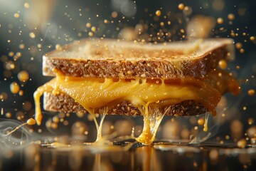 Grilled cheese sandwich with melted cheese in mid-air