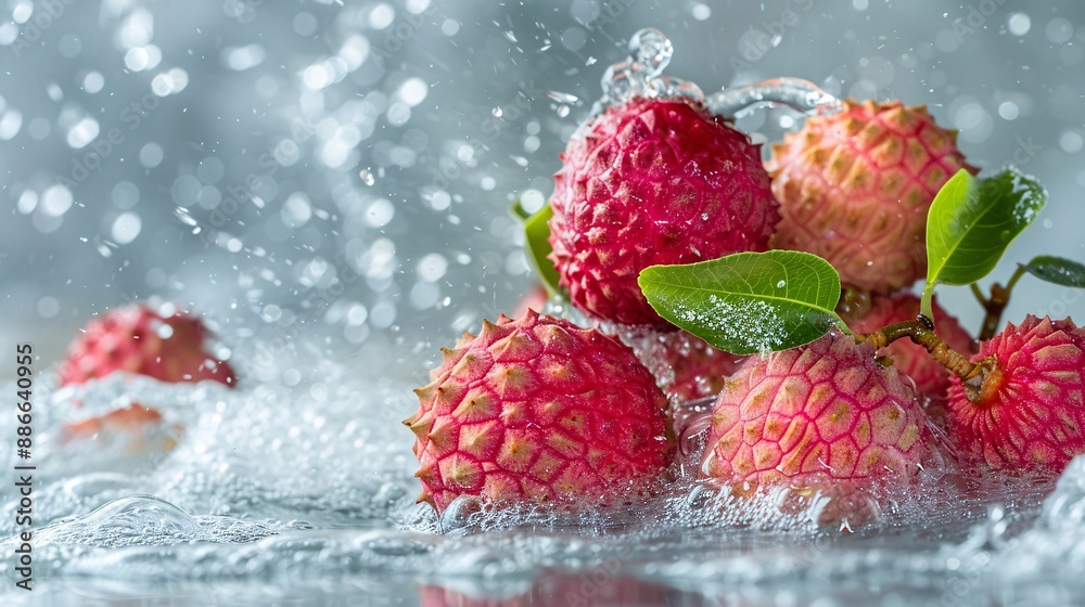 Poster a ripe lychee being tossed into water captured mid splash against a white background highlighting it