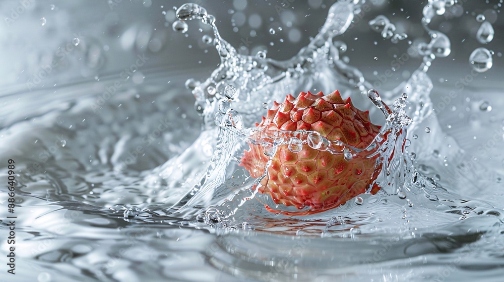 Poster a ripe lychee being tossed into water captured mid splash against a white background highlighting it