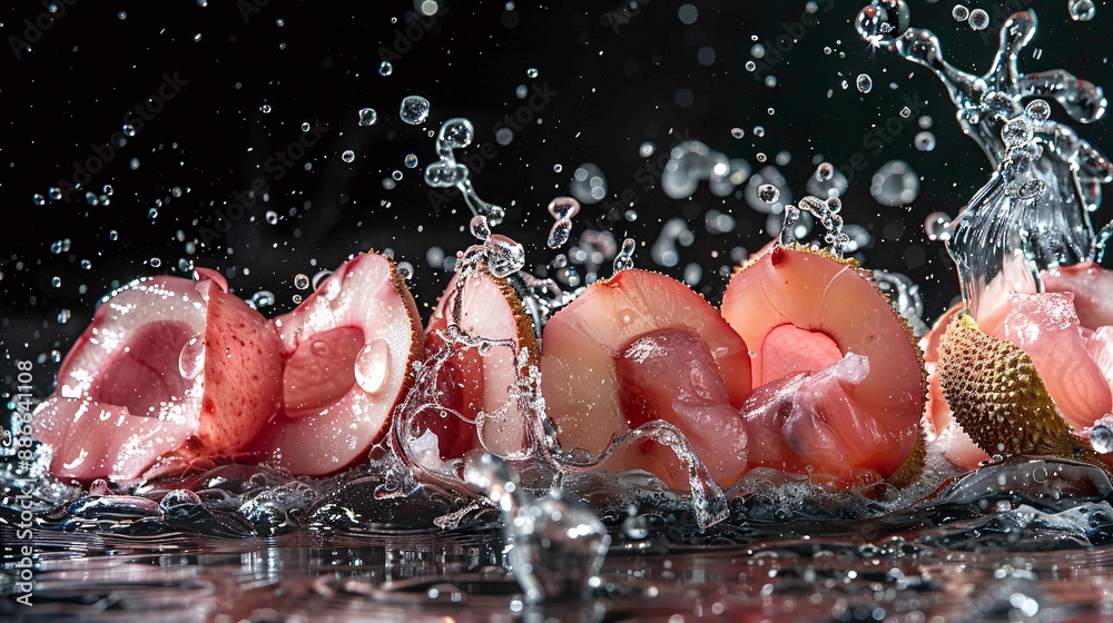 Poster Close up of lychee slices dropping into water creating a refreshing splash on a black background emphasizing their translucent texture and tropical flavor Stock Photo with copy space