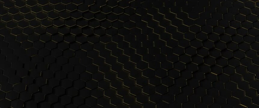 seamless loop ultra wide abstract pattern featuring black hexagons with subtle gold highlights, creating a luxurious and modern design