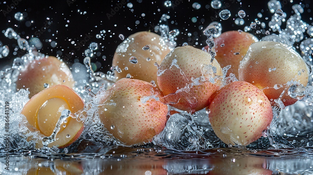 Aufkleber sliced lychees gently dropped into water creating gentle ripples and reflections on a black backgrou