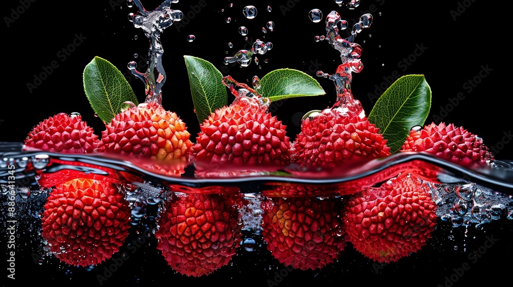 Poster sliced lychees gently dropped into water creating gentle ripples and reflections on a black backgrou