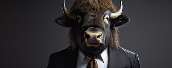 A Brown Bison Wearing A Suit In A Dark Studio Setting