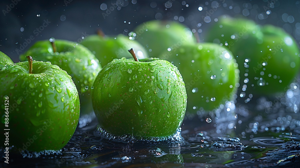Poster granny smith apple slices splashing in water with vibrant green color contrasted against a black bac