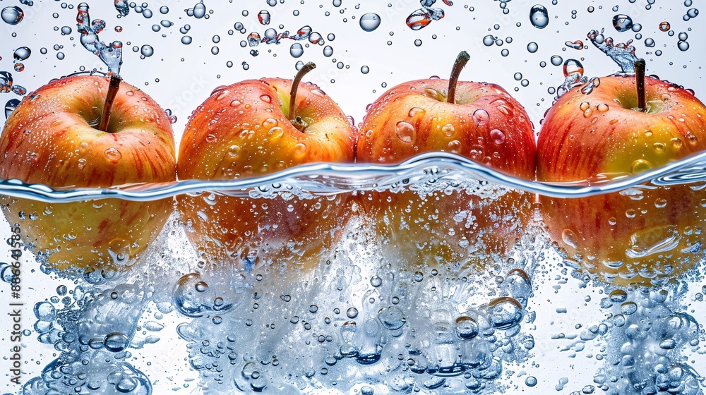 Aufkleber Whole Fuji apples creating a dramatic splash in water with bubbles rising to the surface on a white background Stock Photo with copy space