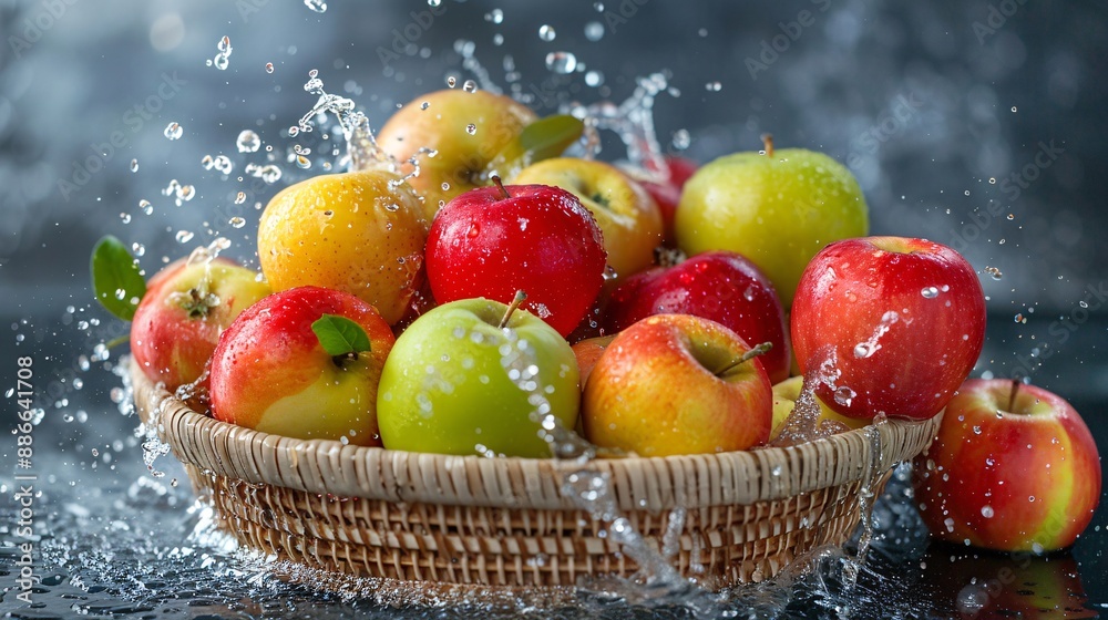 Poster a basket of assorted apples including red delicious granny smith and fuji splashing in water with a 