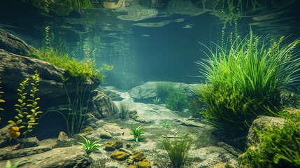 A beautiful underwater freshwater landscape with rare plant species, mysterious rock formations, and clear water, showcasing an unusual ecosystem.