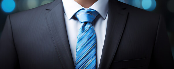 Close Up of a Man's Blue Striped Tie and Suit Jacket