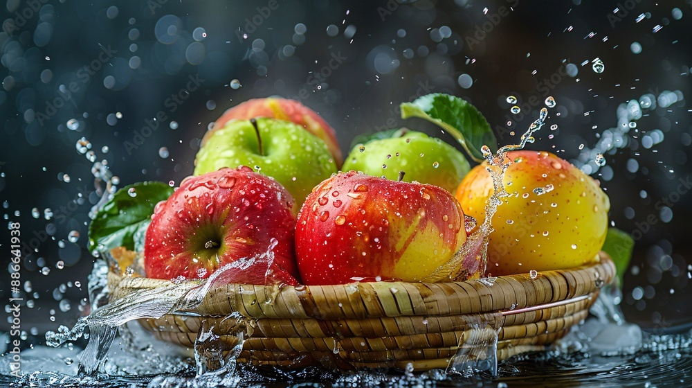 Aufkleber a basket of assorted apples including red delicious granny smith and fuji splashing in water with a 