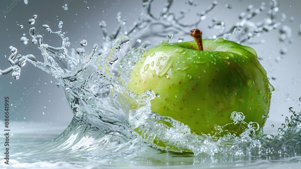 Poster close up of a single granny smith apple making a big splash in water captured with high speed photog