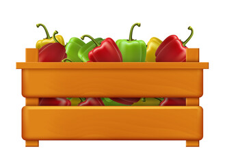 Crate with bell peppers. Vector realistic illustration isolated on white background.