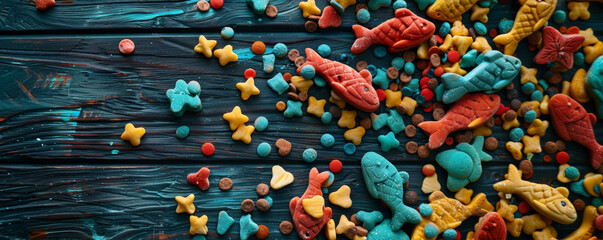 A macro view of a selection of cat treats, including fish-shaped snacks and crunchy bites, scattered on a dark wooden table. The vibrant treats add a pop of color to the scene.