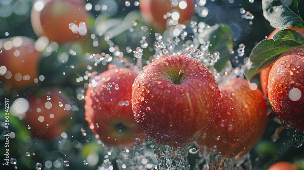 Poster fuji apples falling into water with an orchard in the background, blending nature and freshness stoc
